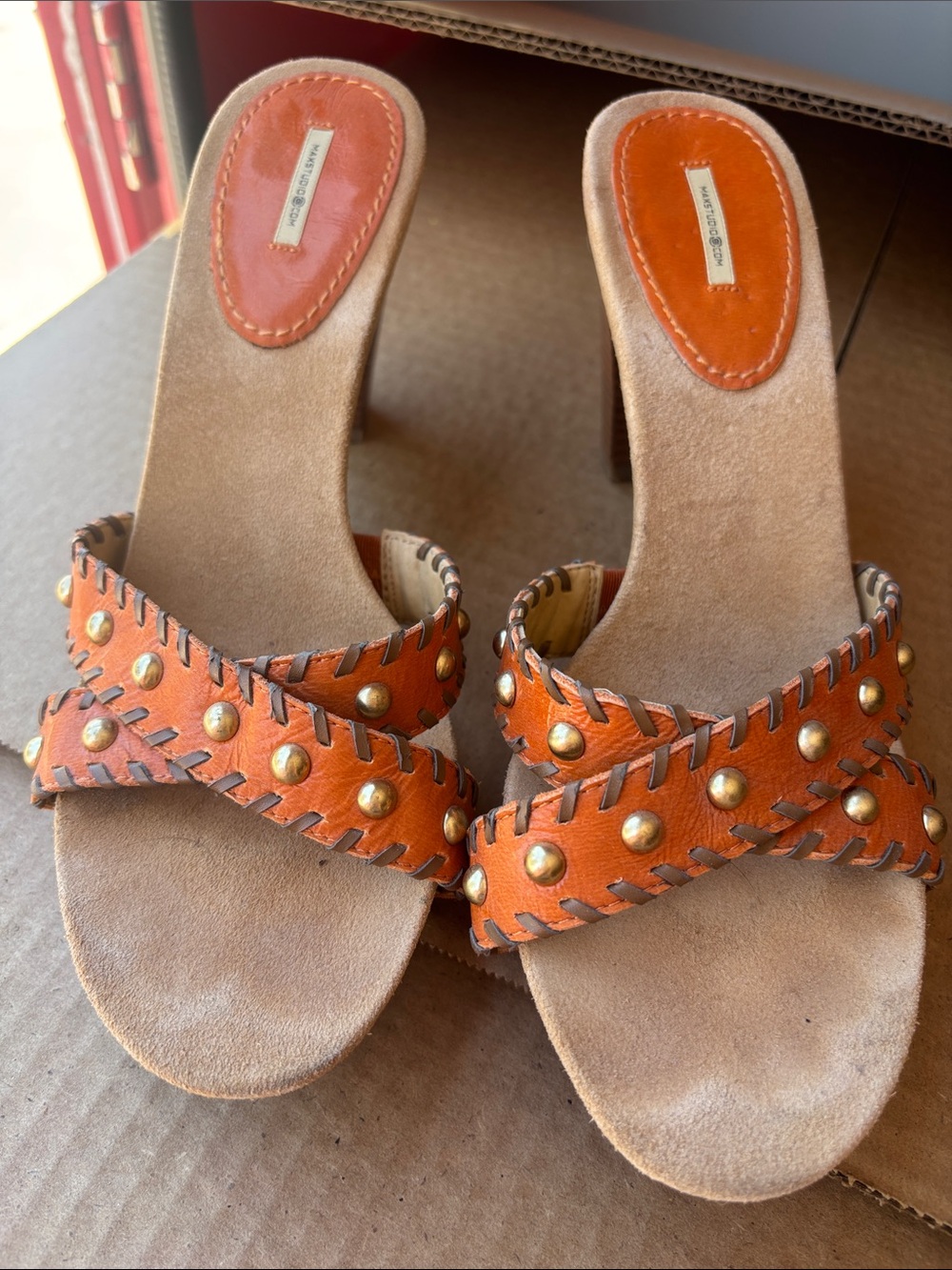 Max Studio Orange Studded Leather Slide Mules